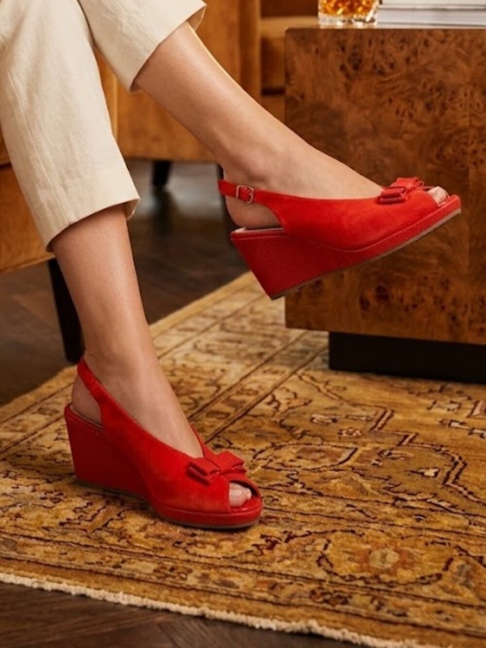 BeautiFeel Red Suede Peep-Toe Wedge Slingback with Bow Accent Size 10